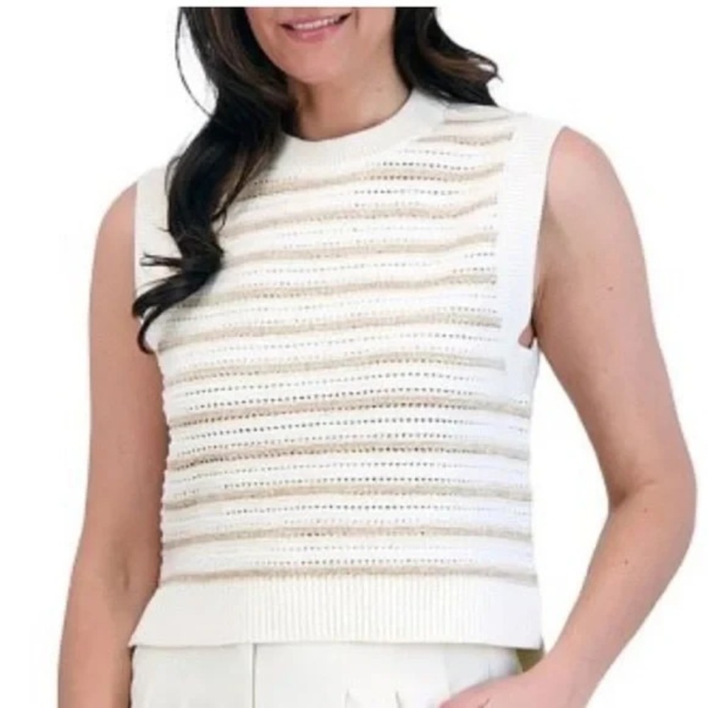 French Connection Sleeveless Sweater Women 2XL Ivory Lurex Striped Pointelle NWT